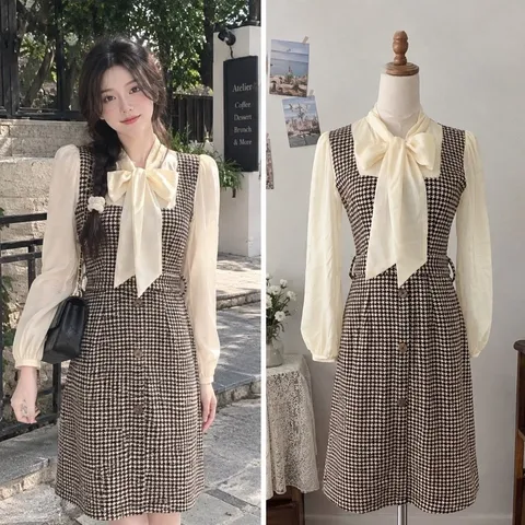 (PASS) Đầm dạ mềm kèm đai lưng phối voan (<48kg)