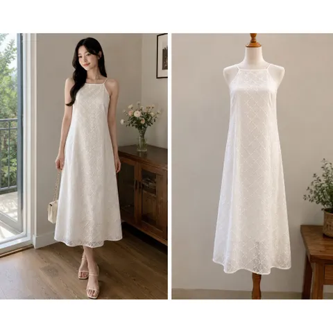 (PASS) Đầm maxi trắng thêu 2 lớp (<47kg)