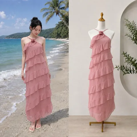 (NEW)Đầm maxi phối voan tơ đi biển (<45kg)