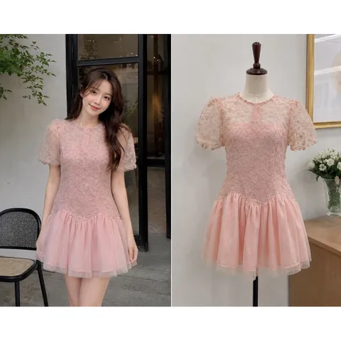 (PASS) Đầm ren thêu phối chân váy xòe