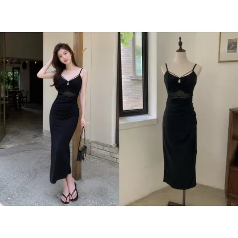 (PASS) Đầm body nhún eo phối voan (<45kg)