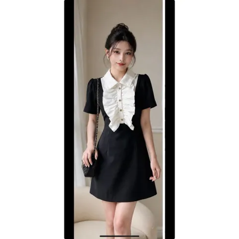(NEW) Đầm tiểu thư cổ somi phối bèo dáng chữ A (<45kg)