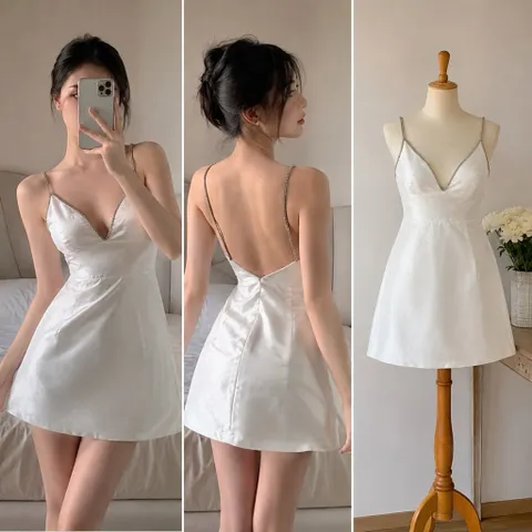 (PASS) Đầm 2 dây tiệc phối dây đá (<44kg)