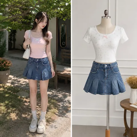 (PASS) Chân váy xếp ly jean mềm co giãn (<45kg)