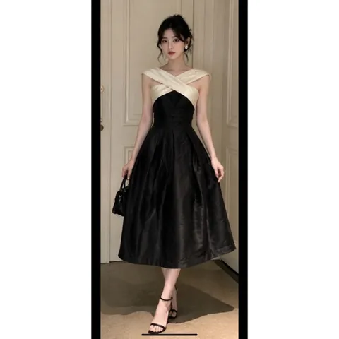 (PASS) Đầm tiệc tafta phối dây đáp chéo trễ vai (<48kg)