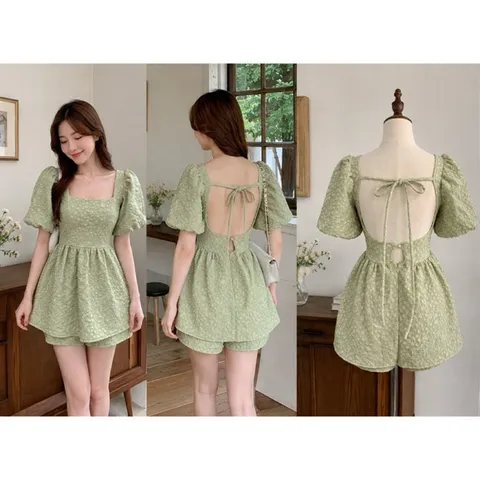 (PASS) Sét áo gấm babydoll hở lưng kèm quần(<45kg)