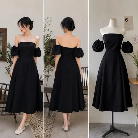 (PASS) Đầm trễ vai tay bồng màu đen (<45kg)