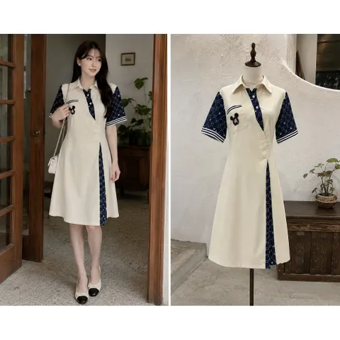 (PASS) Đầm cổ somi nhún eo phối hoạ tiết (<46kg)