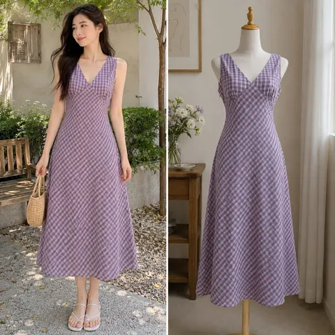 (PASS) Đầm cổ V dáng dài hoạ tiết caro (<48kg)