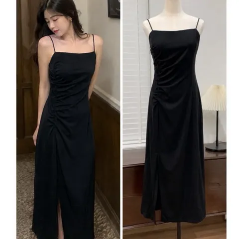 (PASS) Đầm lụa 2 dây nhún eo xẻ tà (<48kg)