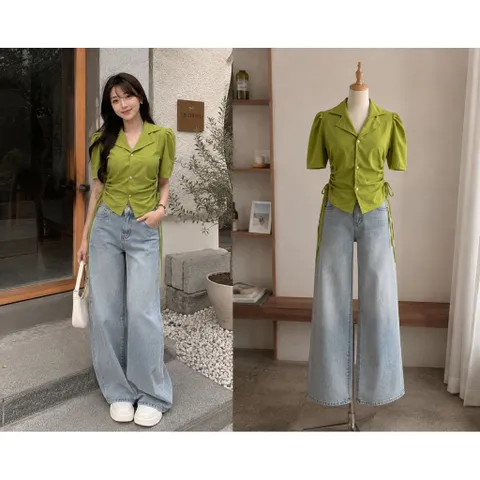 (NEW) Áo cổ vest rút eo cộc tay (<45kg)