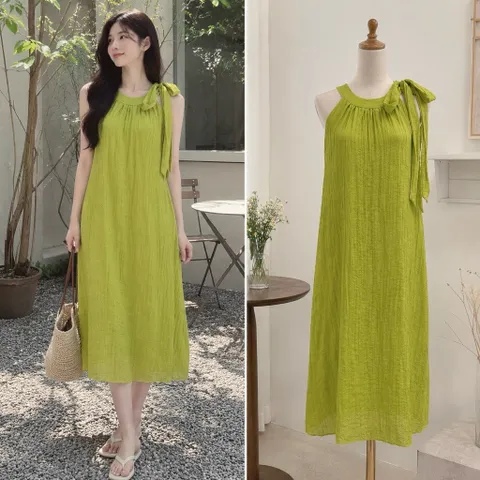 (PASS) Đầm maxi cổ yếm buộc nơ (<48kg)