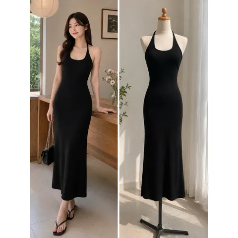 (PASS) Đầm maxi cổ yếm đuôi cá (<48kg)