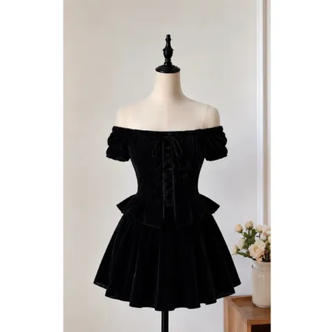 (NEW) Đầm nhung trễ vai phối dây đan (<45kg)