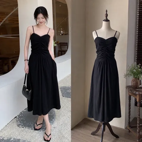 (PASS) Đầm 2 dây nhún eo có túi (<48kg)