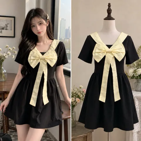 (NEW) Đầm tiểu thư đính nơ bản to (<46kg)