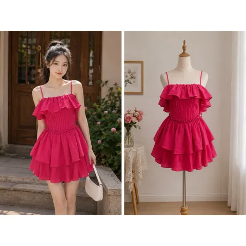 (PASS) Đầm trễ vai phối chân váy tầng (<45kg)