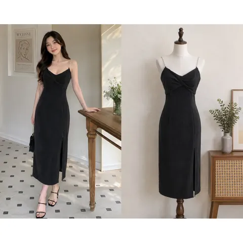 (PASS) Đầm 2 dây xẻ tà dây đá (<45kg)