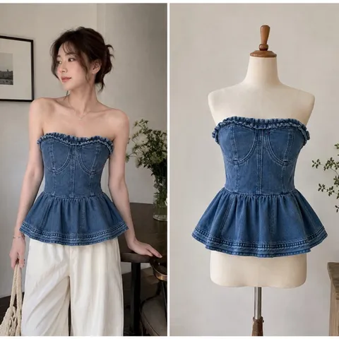(NEW) Áo cup ngực jean dáng xoè (<43kg)