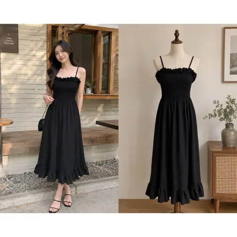 (PASS) Đầm 2 dây nhún phối viền bèo (<47kg)