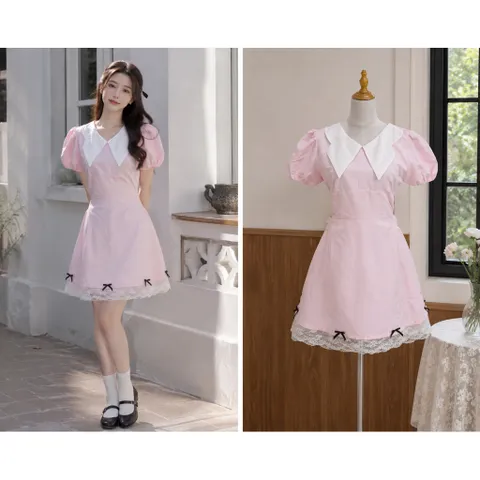 (PASS) Đầm tiểu thư cổ somi phối viền ren (<46kg)