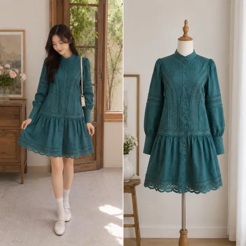 (PASS) Đầm babydoll dài tay chân váy xoè(<48kg)