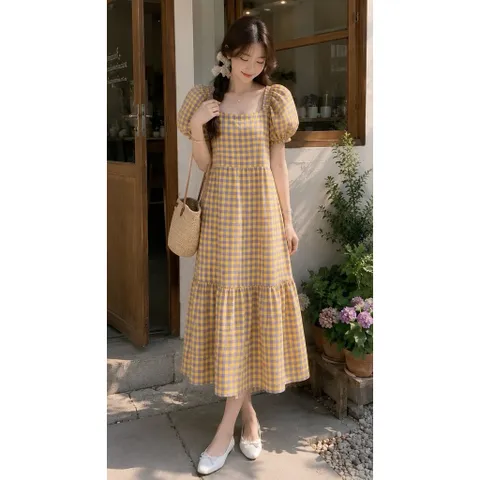 (NEW) Đầm maxi caro vintage (<50kg)