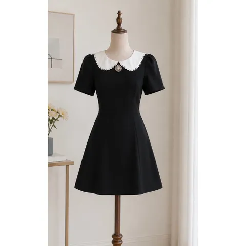 (NEW) Đầm chữ A cổ sen đính tag hoa đá (<45kg)