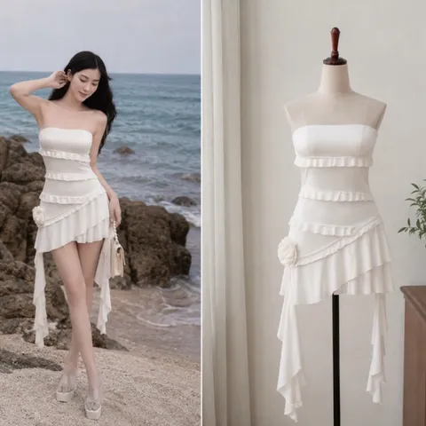 (NEW) Đầm cup ngực tua rua hoa nổi (<43kg)