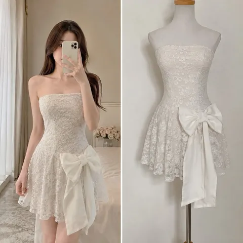 (PASS) Đầm cup ngực đính nơ bản to (<48kg)
