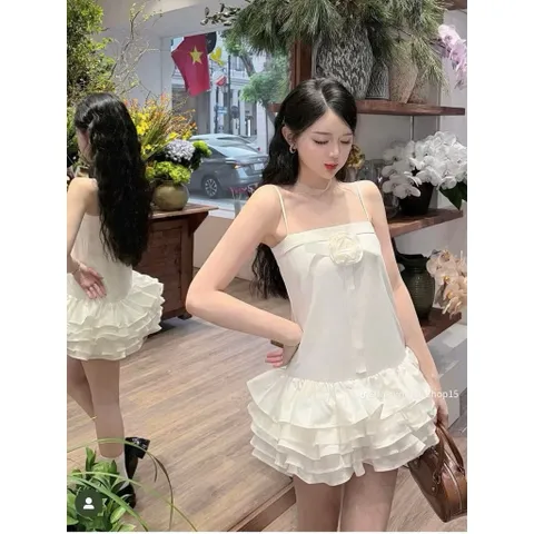 (NEW) Đầm babydoll trắng đính hoa ngực (<48kg)