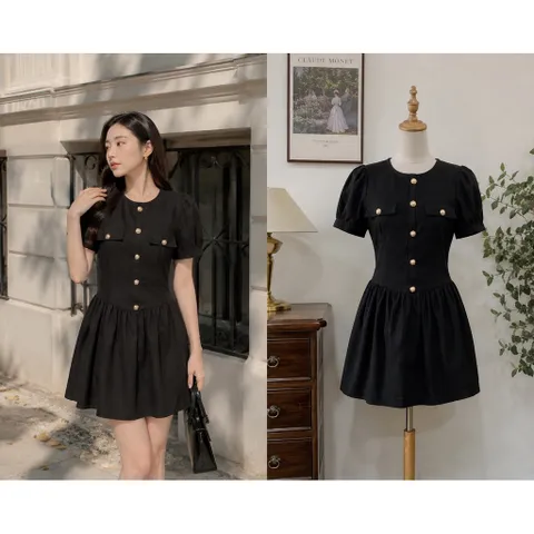 (NEW) Đầm tiểu thư phối cúc kim loại dáng xoè (<45kg)