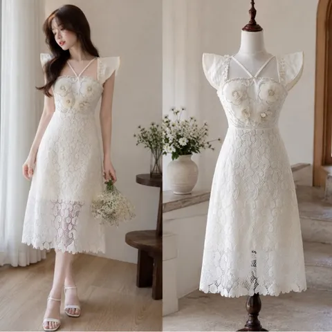 (PASS) Đầm ren tiểu thư đính hoa đi tiệc (<45kg)