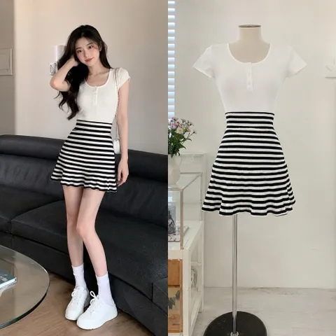 (PASS) Chân váy xoè thun gân kẻ sọc (<45kg)
