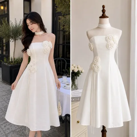 (PASS) Đầm tafta đính hoa đi tiệc (<45kg)