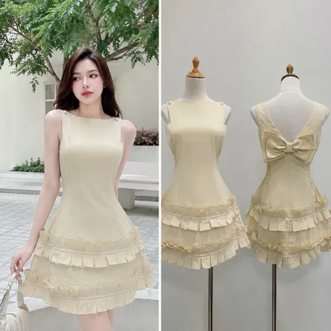 (PASS) Đầm tiệc sát nách đính nơ sau lưng (<45kg)
