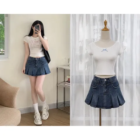 (PASS) Chân váy jean xếp ly đuôi cá trẻ trung (<45kg)