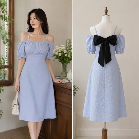 (PASS) Đầm trễ vai phối nơ sau lưng (<46kg)