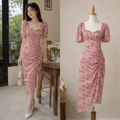 (PASS) Đầm voan tơ nhún eo hoạ tiết thanh lịch (<46kg)