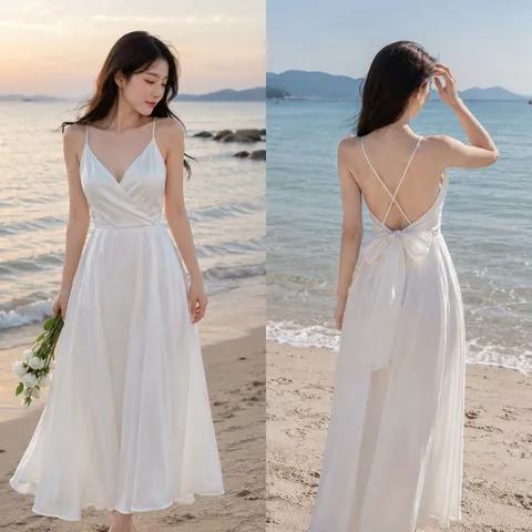 (PASS) Đầm lụa maxi đan dây lưng kèm nơ buộc (<48kg)