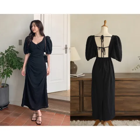 (PASS) Đầm tay bồng nhún eo thiết kế hở lưng (<48kg)