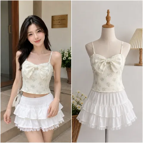 (NEW) Áo 2 dây dáng crotop chun lưng phối nơ (<45kg)