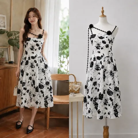 (PASS) Đầm 2 dây hoạ tiết cổ điển (<45kg)