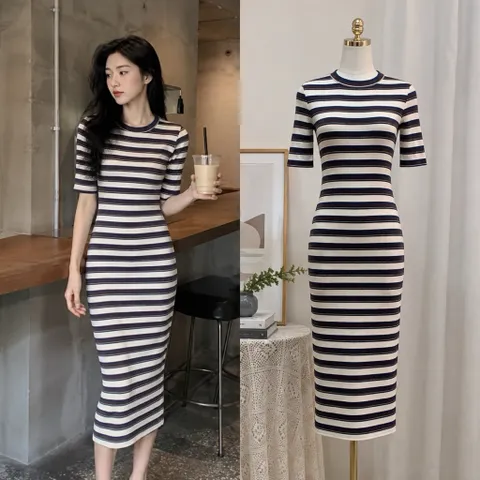 (PASS) Đầm body dáng dài hoạ tiết kẻ (<45kg)