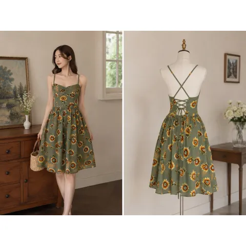 (NEW) Đầm 2 dây hở lưng phối dây đan đi biển (<48kg)