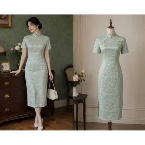 (PASS) Sườn xám phối viền ngọc phong cách cổ điển (<46kg)