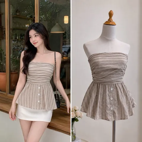 (PASS) Áo ống dáng xoè hoạ tiết kẻ (<45kg)