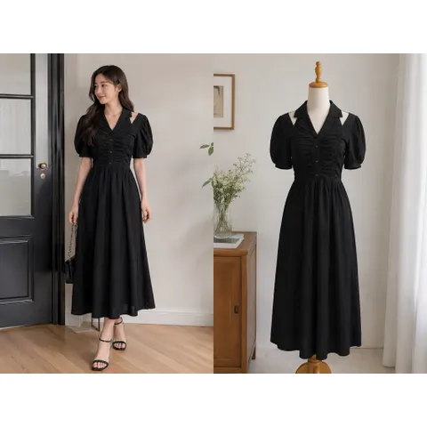 (PASS) Đầm cổ yếm phối somi nhún eo (<45kg)