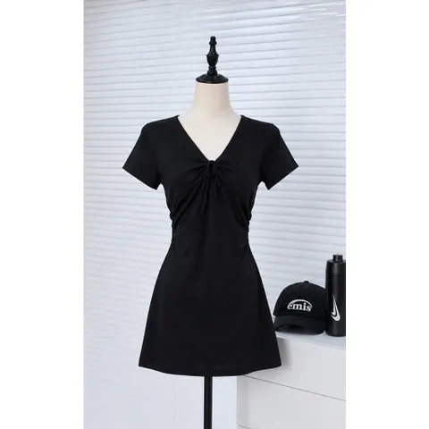 (NEW) Đầm thun gân cổ V phối dây rút ngực