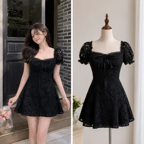 (PASS) Đầm ren 2 lớp đính nơ